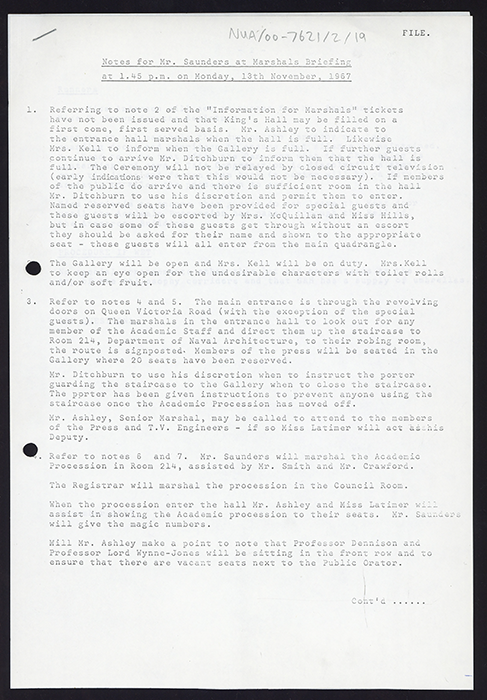 [George Howe], Page 1 of notes for Mr. Saunders at Marchals briefing at 1.45pm on Monday 13th November 1967, undated