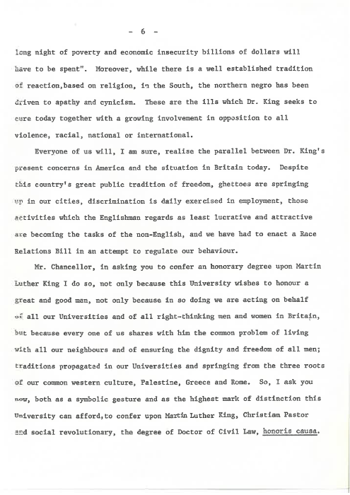 Final page of the transcript of the speech delivered by the University’s Public Orator J.H. Burnett