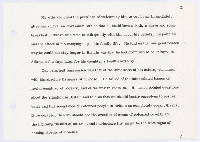 Charles Bosanquet, Page 1 from his Address at the Memorial Service for Dr. Martin Luther King, 26 April, 1968