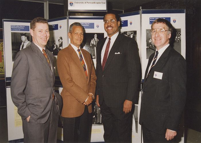 Photograph of Brian Ward, civil rights veteran Julian Bond, former Mayor of Cincinnati J. Kenneth Blackwell and the Dean of the Faculty of Arts at Newcastle University Jeremy Patterson at the 1993 Martin Luther King Memorial Conference