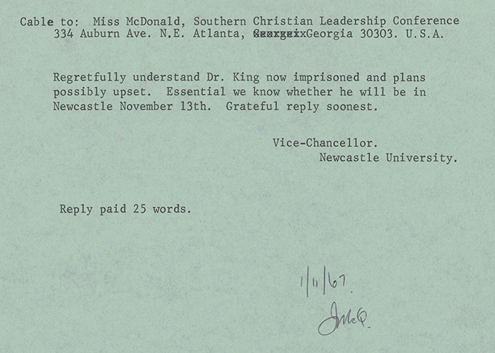 C.I.C. Bosanquet, telegram to Dora McDonald, November 1, 1967