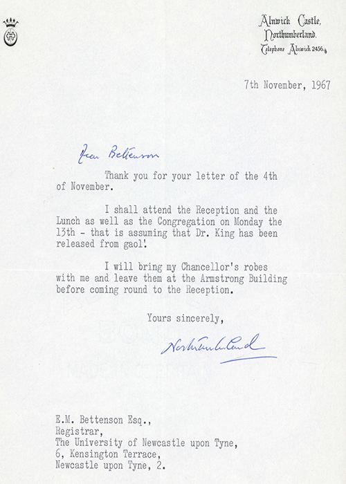 Duke of Northumberland, letter to E.M. Bettenson, November 7, 1967