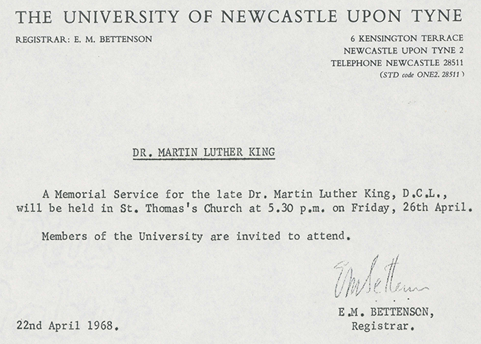 E.M. Bettenson, "Dr. Martin Luther King," announcement, April 22, 1968 UNUA/00-7621/3/21)
