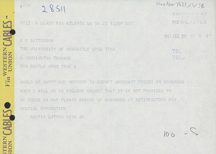 Martin Luther King, telegram to E.M. Bettenson, February 23, 1967