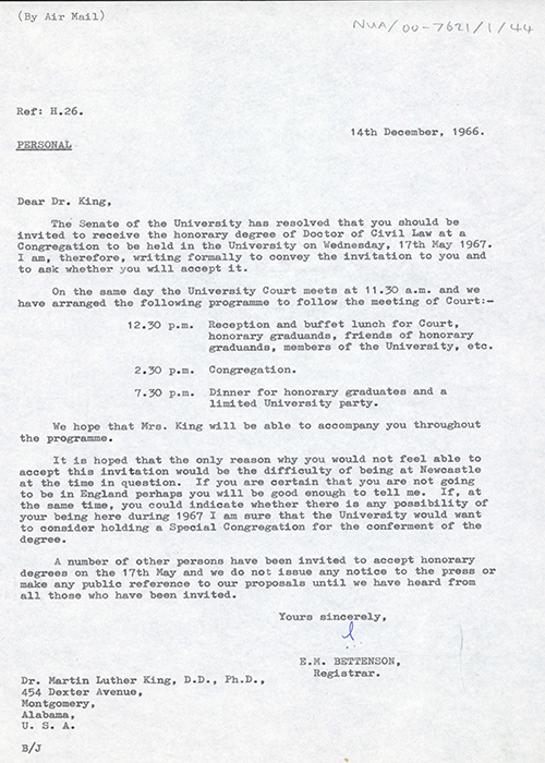 E.M. Bettenson, letter to M.L. King, December 14, 1966