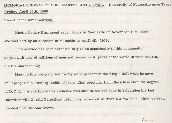 Charles Bosanquet, "Address at the Memorial Service for Dr. Martin Luther King," April 26, 1968