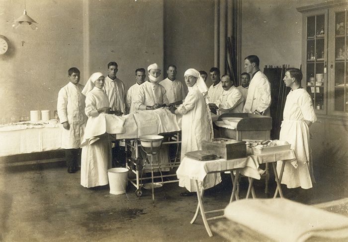 Photograph showing Pybus in the operating theatre in the 1st Northern General Hospital