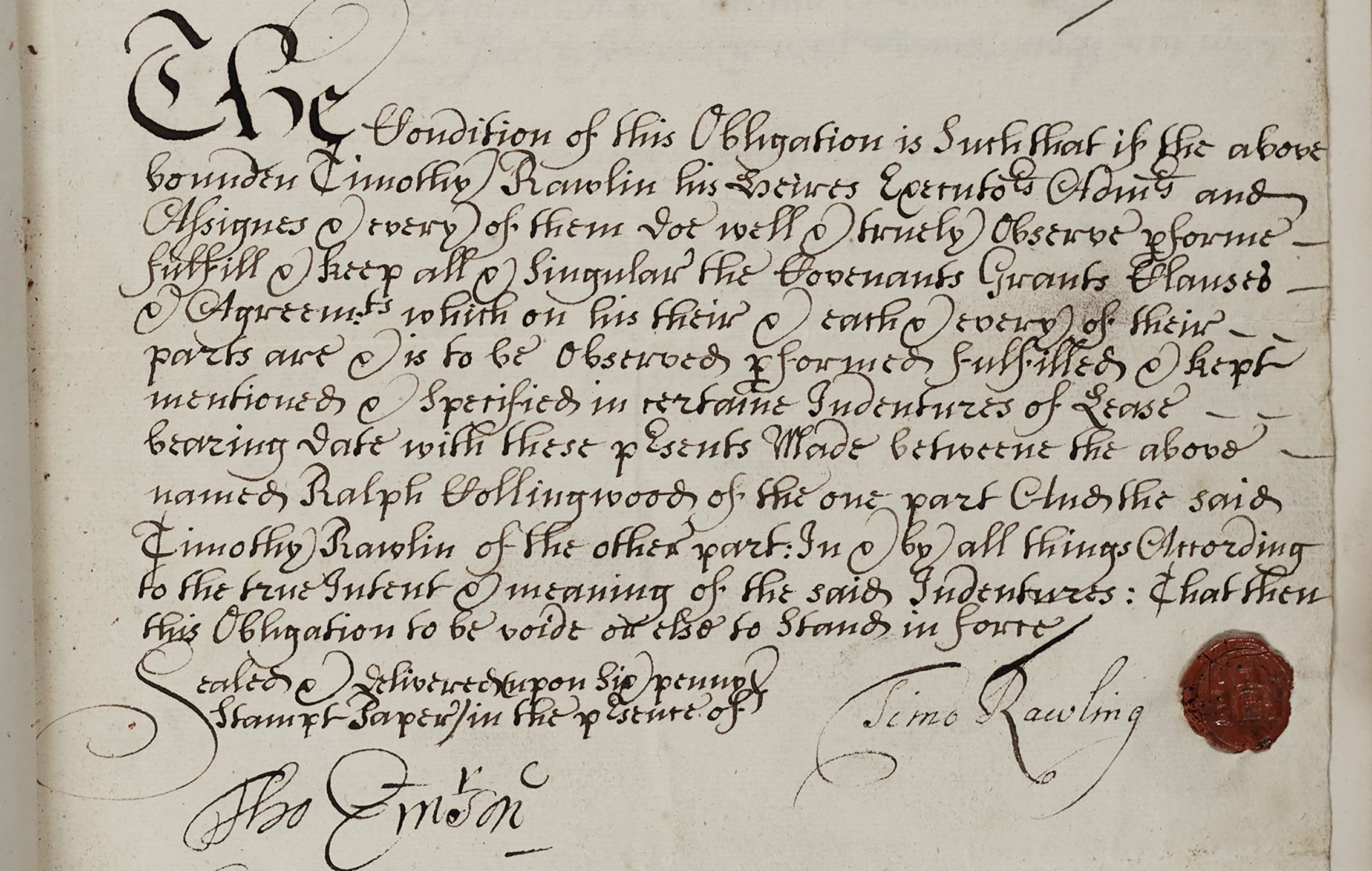 Detail from a handwritten bond including wax seal