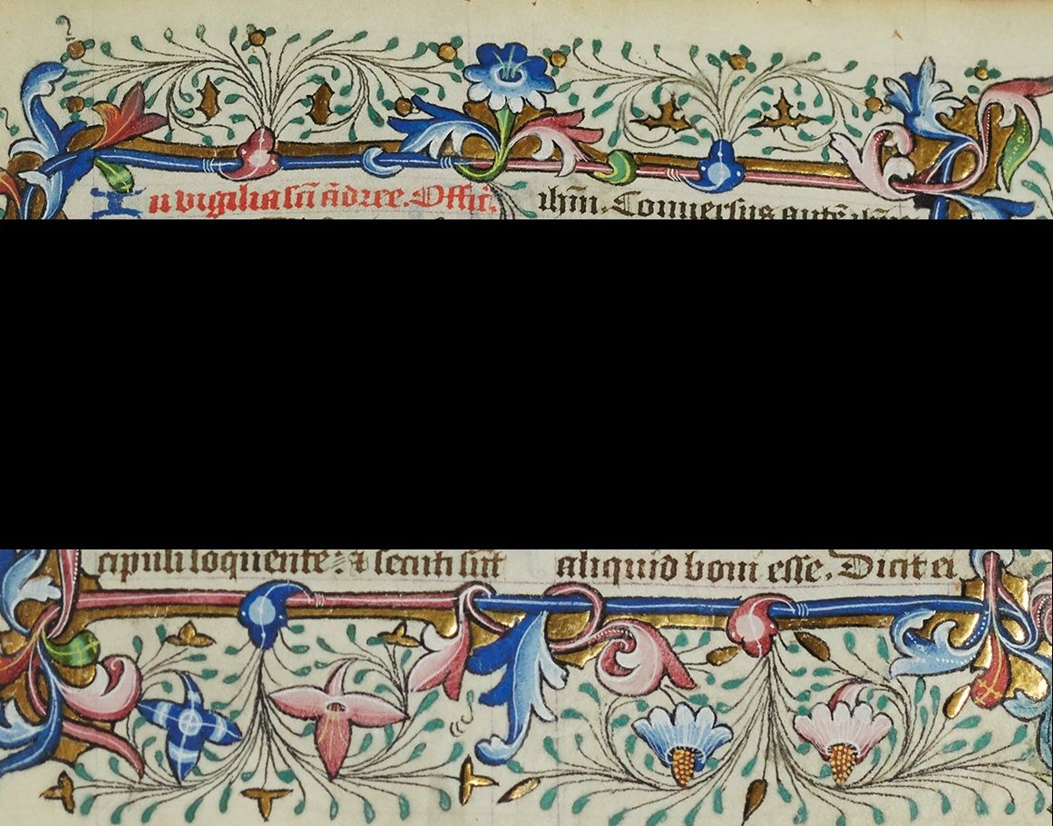 Page details of a medieval manuscript showing colourful border detailing