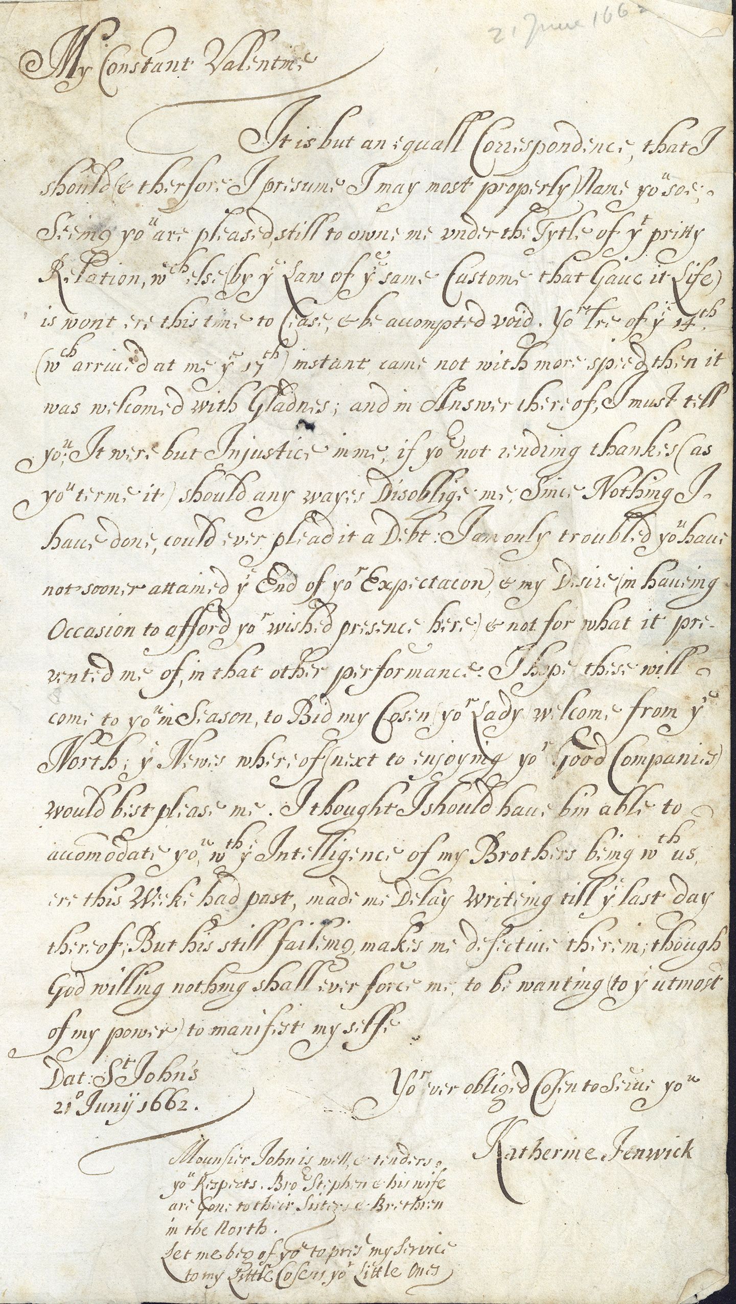 Detail of a letter from Katherine Fenwick to Edward Moore
