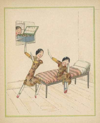 Illustration showing two suffragette peg-dolls dressed in prison outfits, sat on a bed inside a prison bed, with another peg-doll offering food through a window and the two peg-dolls refusing to eat