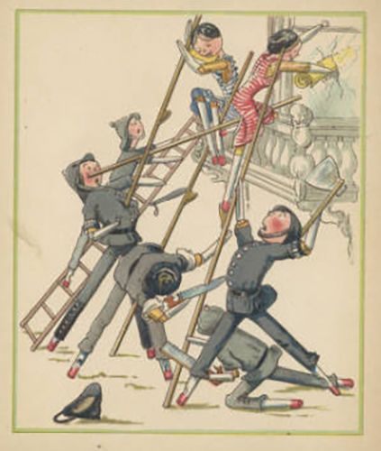 Illustration of two suffragette peg-dolls climbing up ladders and smashing windows, with 4 peg-doll policemen at the bottom of the ladders trying to stop them