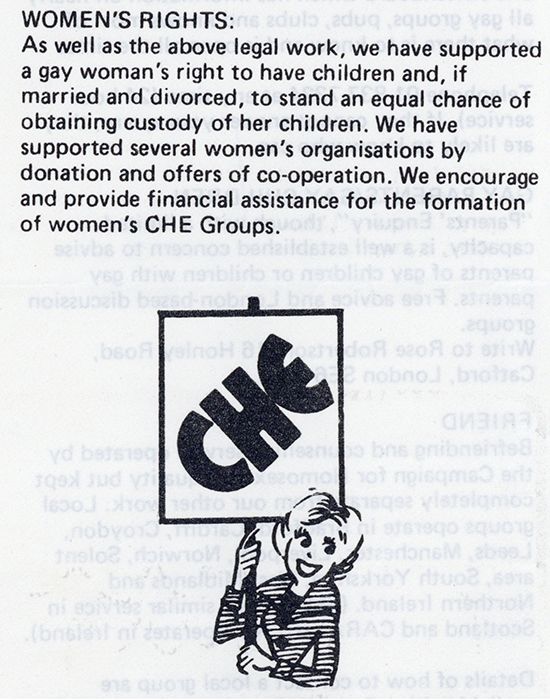 Extract from CHE Recruitment leaflet, which shows CHE's support of gay women who struggle to gain custody of their children from a previous relationship.