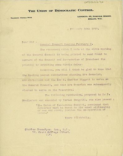 Telegram from Charles Trevelyan regarding outbreaks of violence at UDC meetings