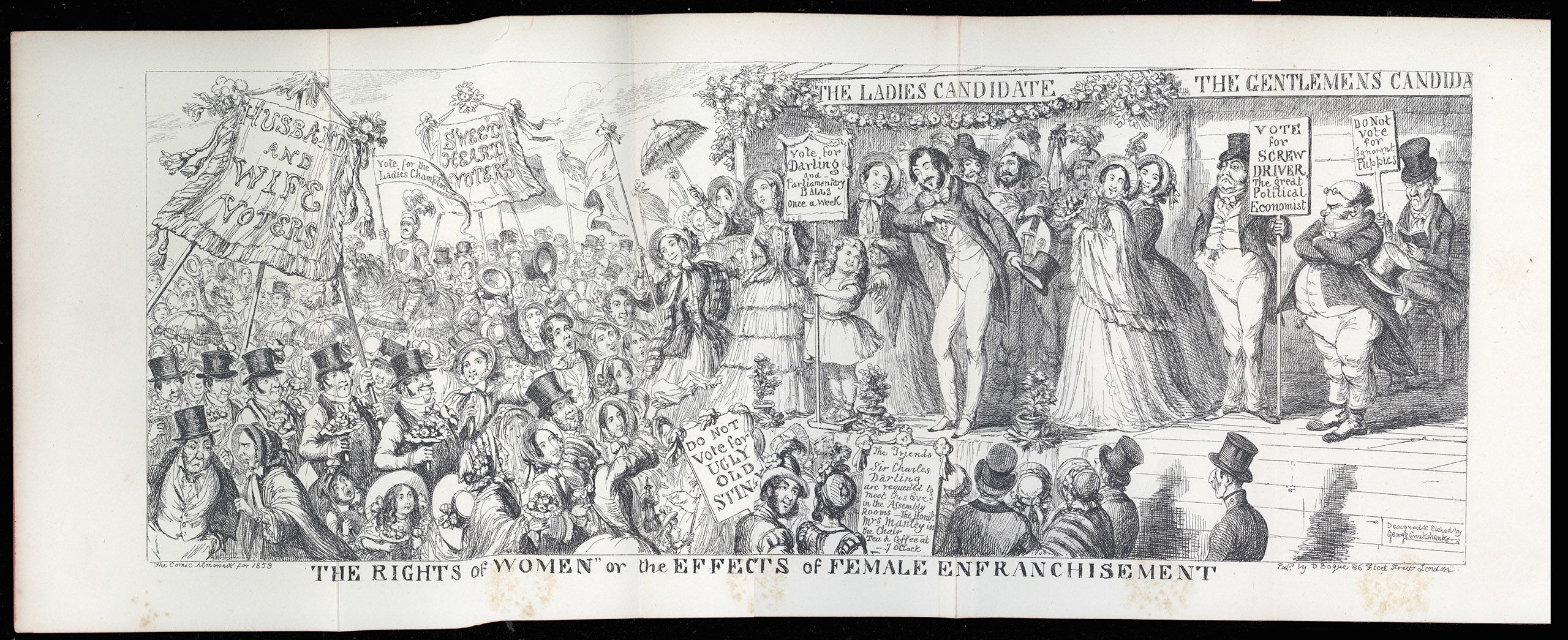 Satirical cartoon which shows some of the concerns and fears of those who supported the anti-suffrage campaign. This comic focuses on the idea that women would be 'sweet heart voters', who may base their political decisions on trivial matters such as 'parliamentary balls once a week'.