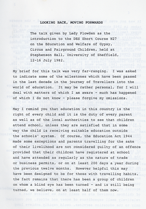 Extract from a copy of a talk given by Lady Plowden entitled, 'Looking Back, Moving Forwards' which expresses that every child should have access to education