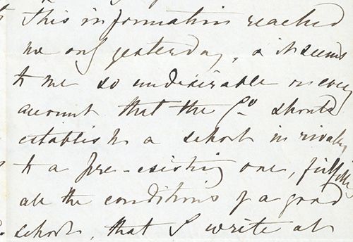 A letter from prominent educationalist and writer Maria Grey discussing the establishment of a new Girls' Public Day School in Gateshead. Maria argues that there are already sufficient girls' schools in Gateshead and that it is 'undesirable' to 'establish a school in rivalry to a pre-existing one'. Correspondence with Maria shows Elizabeth's prominence in the debate for female education