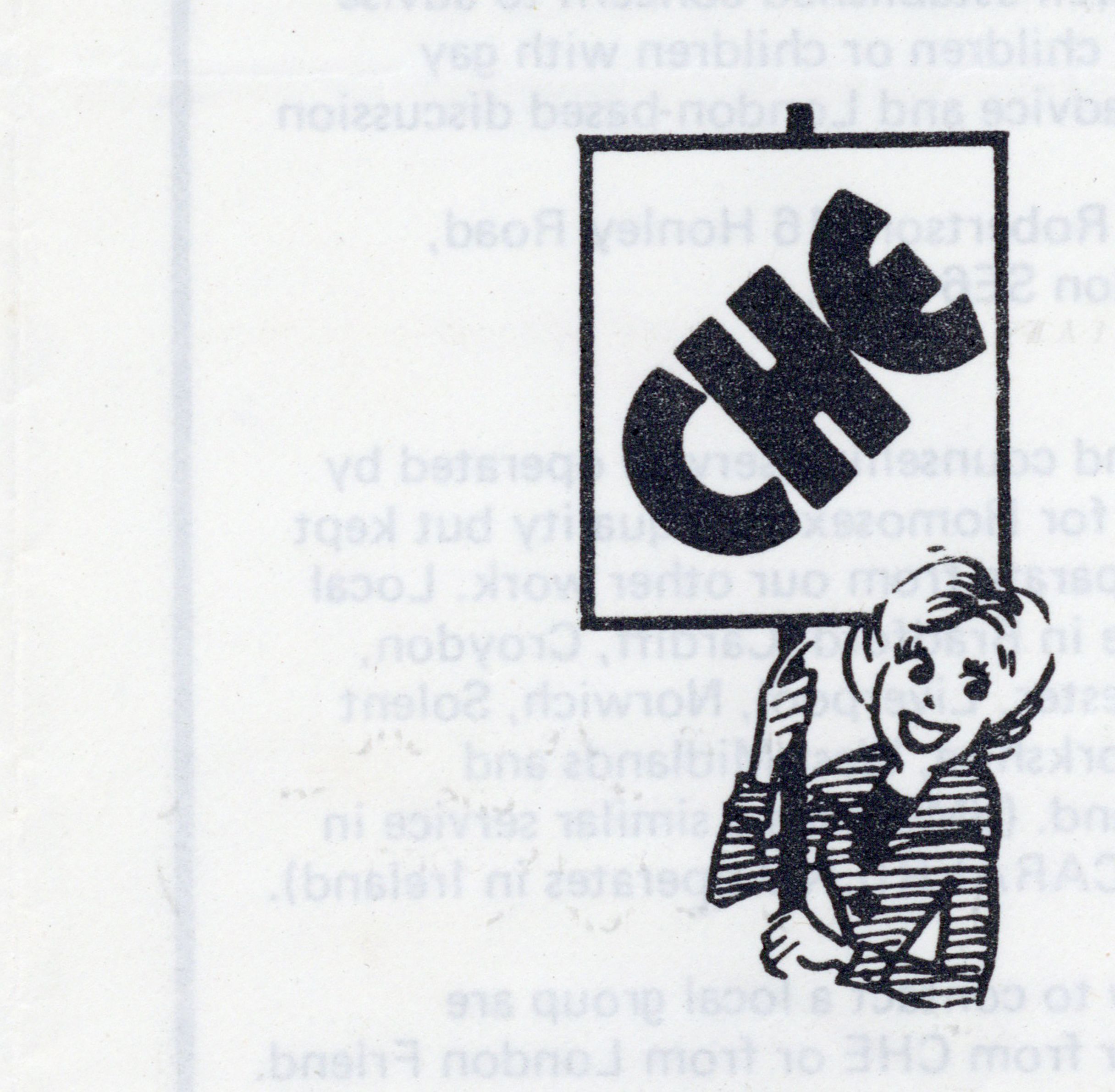 Image taken from a CHE Recruitment leaflet showing a line drawing of a woman smiling and holding a banner with 'CHE' written in big letters
