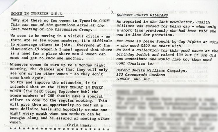 Extract from CHE Tyneside Newsletter, August 1982 - the left section highlights the lack of women in CHE and the right section asks the reader to support Judith Williams who was sacked from her job for being gay.