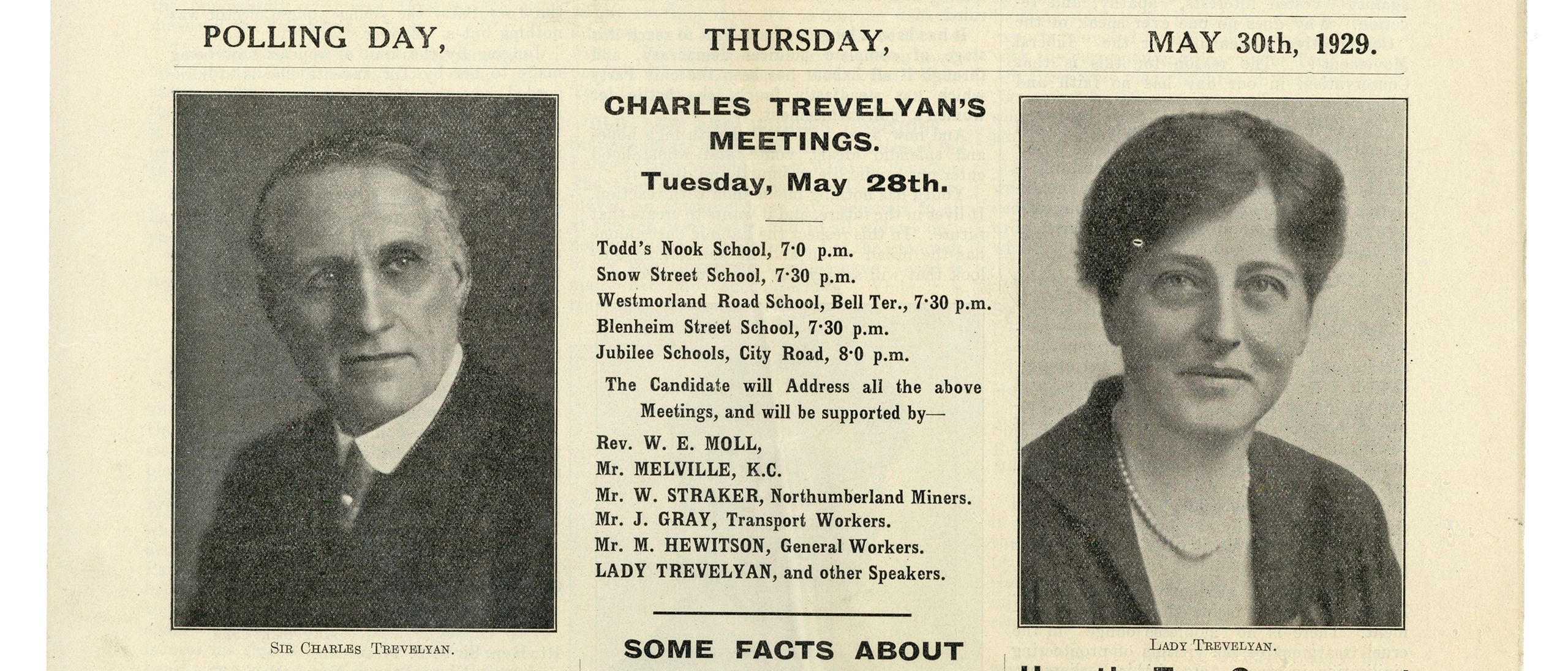 Page from a Trevelyan Election Special leaflet showing Charles Trevelyan on the left and Lady Trevelyan on the right and a list of Charles Trevelyan's meetings, timings and who they're supported by down the middle