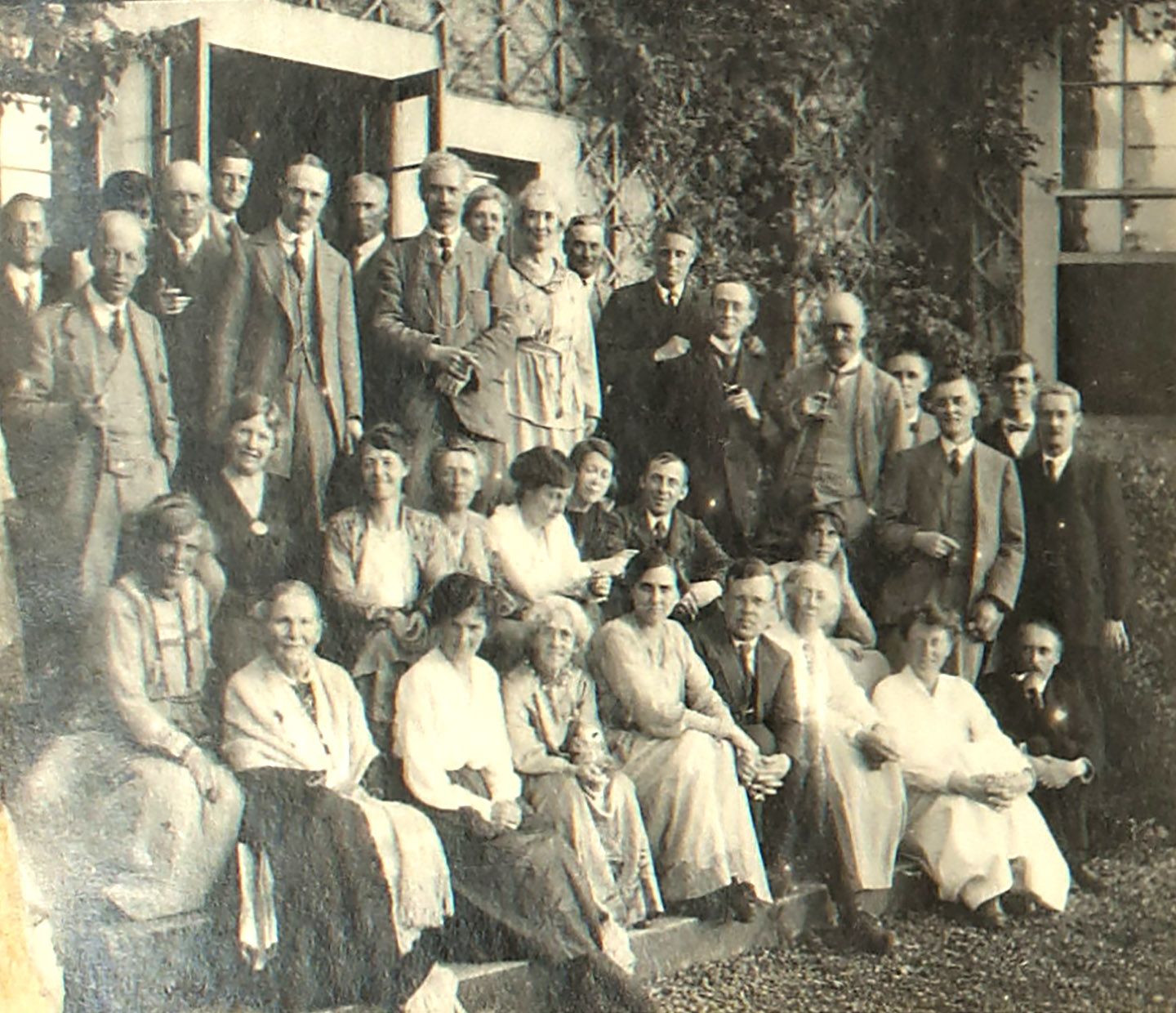 Group photograph of members from the UDC Summer School, Barrow House, 1919 - Includes suffragist Helena Swanwick and Mary Katharine Trevelyan of Wallington, Charles Philips Trevelyan and future Primer Minister J Ramsay MacDonald