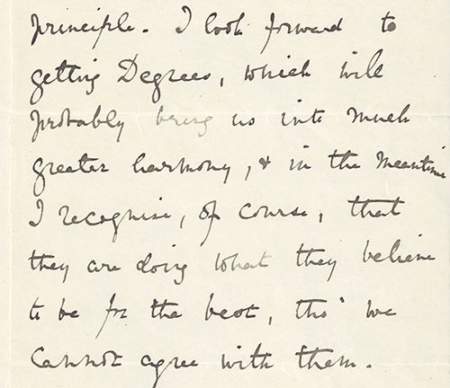 The letter discusses the education of Elizabeth's eldest daughter, Mabel, at Newnham College Cambridge and Emily says 'I look forward to [women] getting Degrees' from universities. 