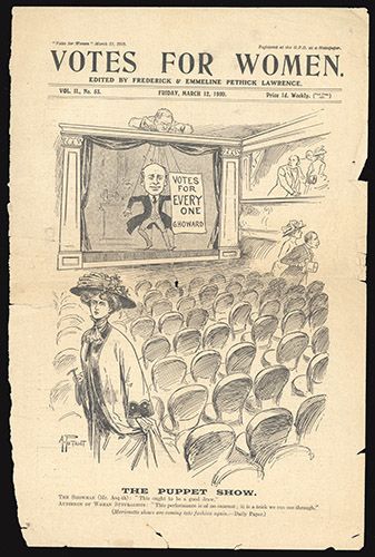 A line drawing satirical cartoon with 'Votes for Women' at the top and an image of a puppet theatre, with a man (representing Primer Minister, Mr. Asquith) on stage attached to strings (like a puppet) holding a sign with 'Votes for Everyone G. Howard' and an audience of women suffragists leaving their seats in distaste of the proposed performance (which is representing the proposed suffrage bill)