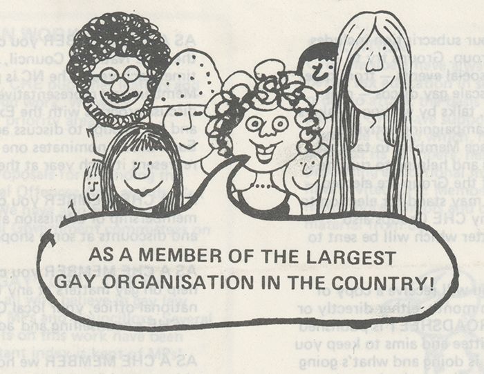 Illustration shows a group of gay women and men with a speech bubble that says "As a member of the largest gay organisation in the country".