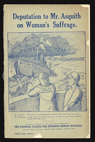 Front cover of 'Deputation to Mr. Asquith on Woman's Suffrage' (Gertrude Bell Archive, Gertrude Bell Misc. 23 b) - an ant-suffrage pamphlet. A political line drawing cartoon showing a 'Referendum Storm' in the background, with a 'Woman's suffrage' ship sinking from hitting a 'Public Opinion' iceberg with twto 'National League for Opposing Woman Suffrage' sailors watching in the foreground. Underneath the image is is text stating "Mr. Asquith. 'Well, she's run herself fairly on the rocks and I am not sorry' Anti-Suffragist - 'And that storm will soon put an end to her State-smashing Party-wrecking ways'".