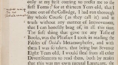 Extract from Essays of Michael, Seigneur de Montaigne: in three books, available from Yale University Library online. In Pope's handwriting in the margins, he has added his own commentary about the text.