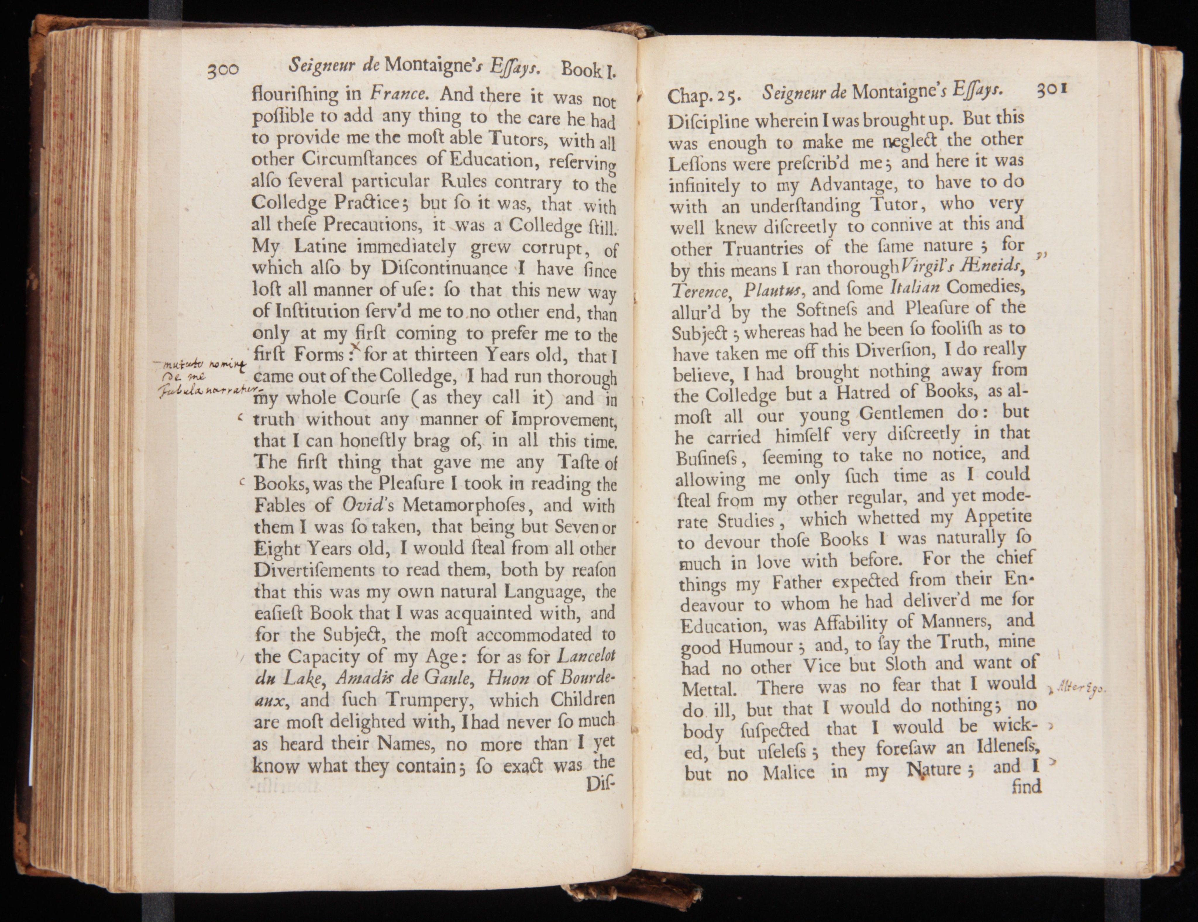 Extract from Essays of Michael, Seigneur de Montaigne: in three books. Written in the margins in Pope's handwriting, he has added his own commentary about the text, available from Yale University Library online.