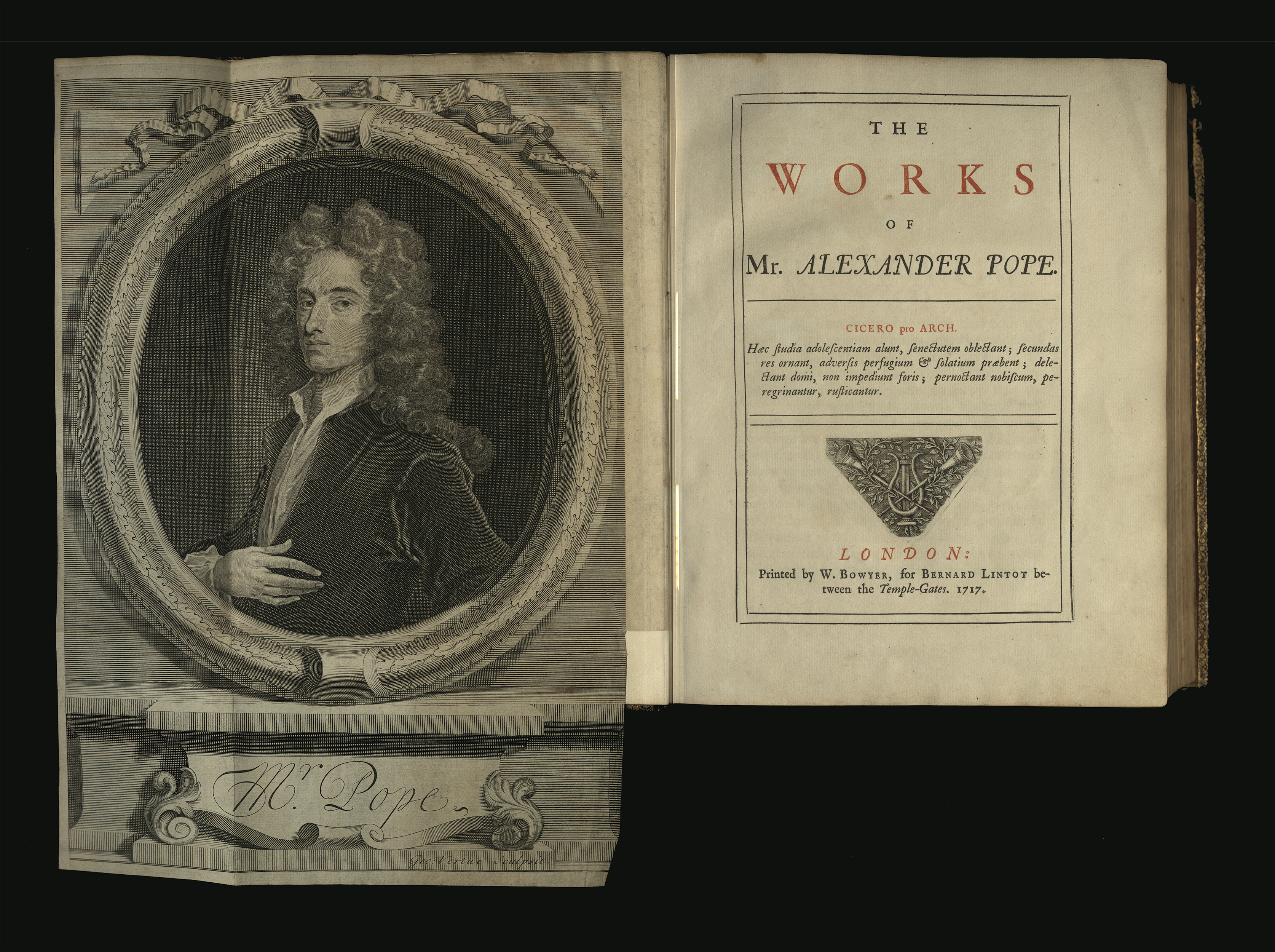 Title page and unfolded portrait from The Works of Mr. Alexander Pope
