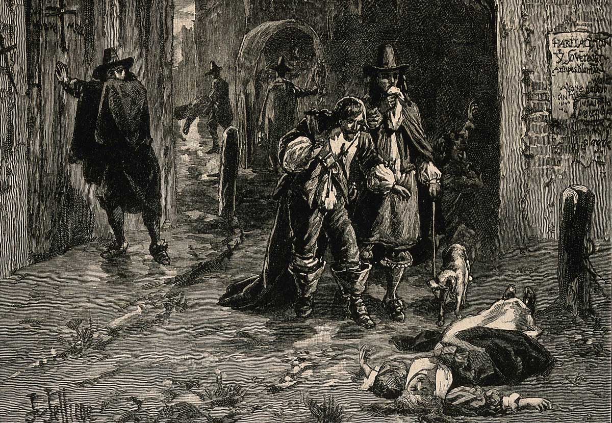 Two men discovering a dead woman in the street during the great plague of London. Wood engraving by J. Jellicoe after H. Railton. Railton, Herbert, 1857-1910.