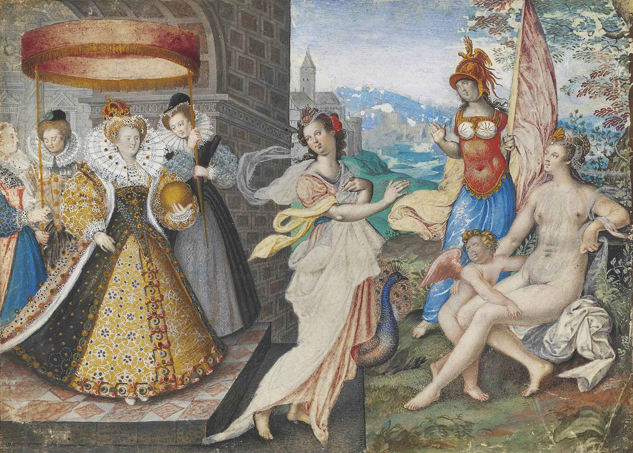 "This previously unknown small-scale painting reinterprets the theme of Elizabeth and the three goddesses, also depicted in an oil painting of this title in the Royal Collection. The subject is a reworking of the classical legend known as the 'Judgement of Paris', in which a golden apple is awarded by Paris to the fairest of the three goddesses, the outcome of which led to the Trojan War. Here, rather than repeat Paris's folly, Elizabeth retains the golden orb for herself as she alone combines their separate virtues. The subject was designed to flatter the Queen, implying that the outcome of her reign would be peace and not war." Courtesy of National Portrait Gallery.