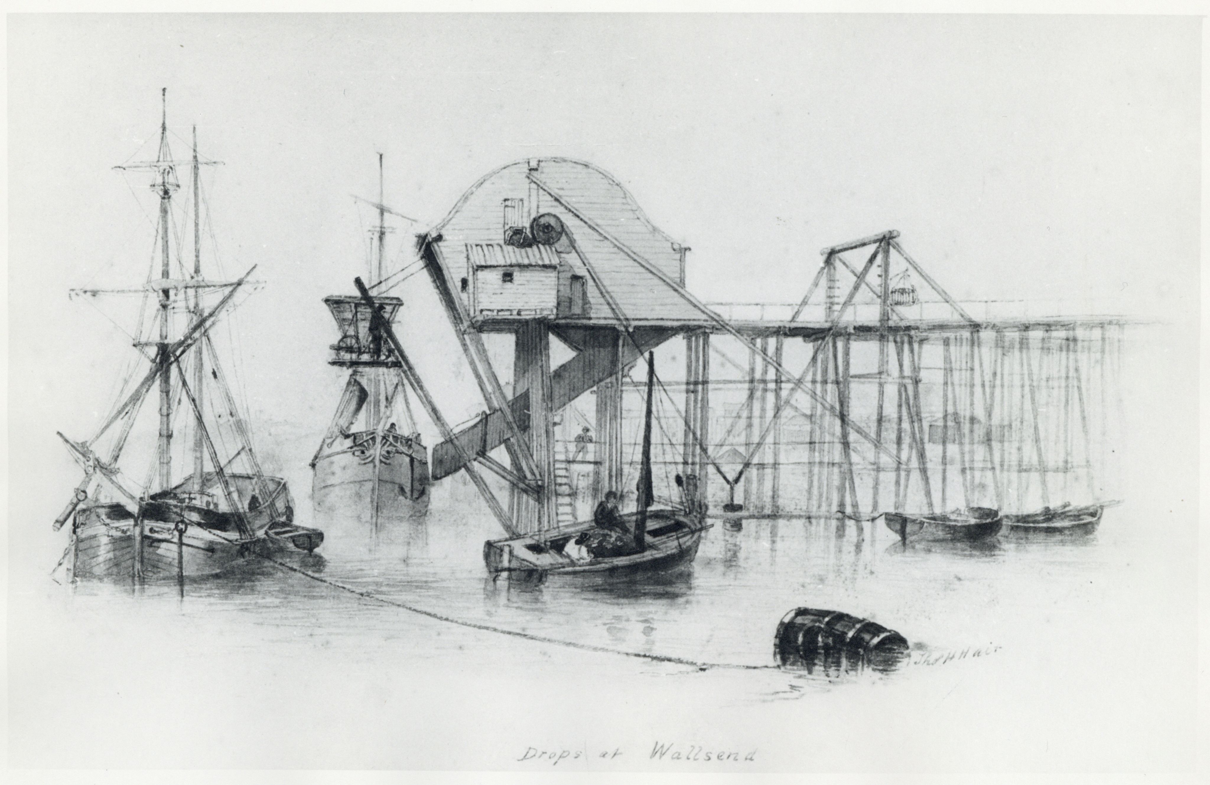 Etched print of a landscape view of a crane being used to load rollies within a mine