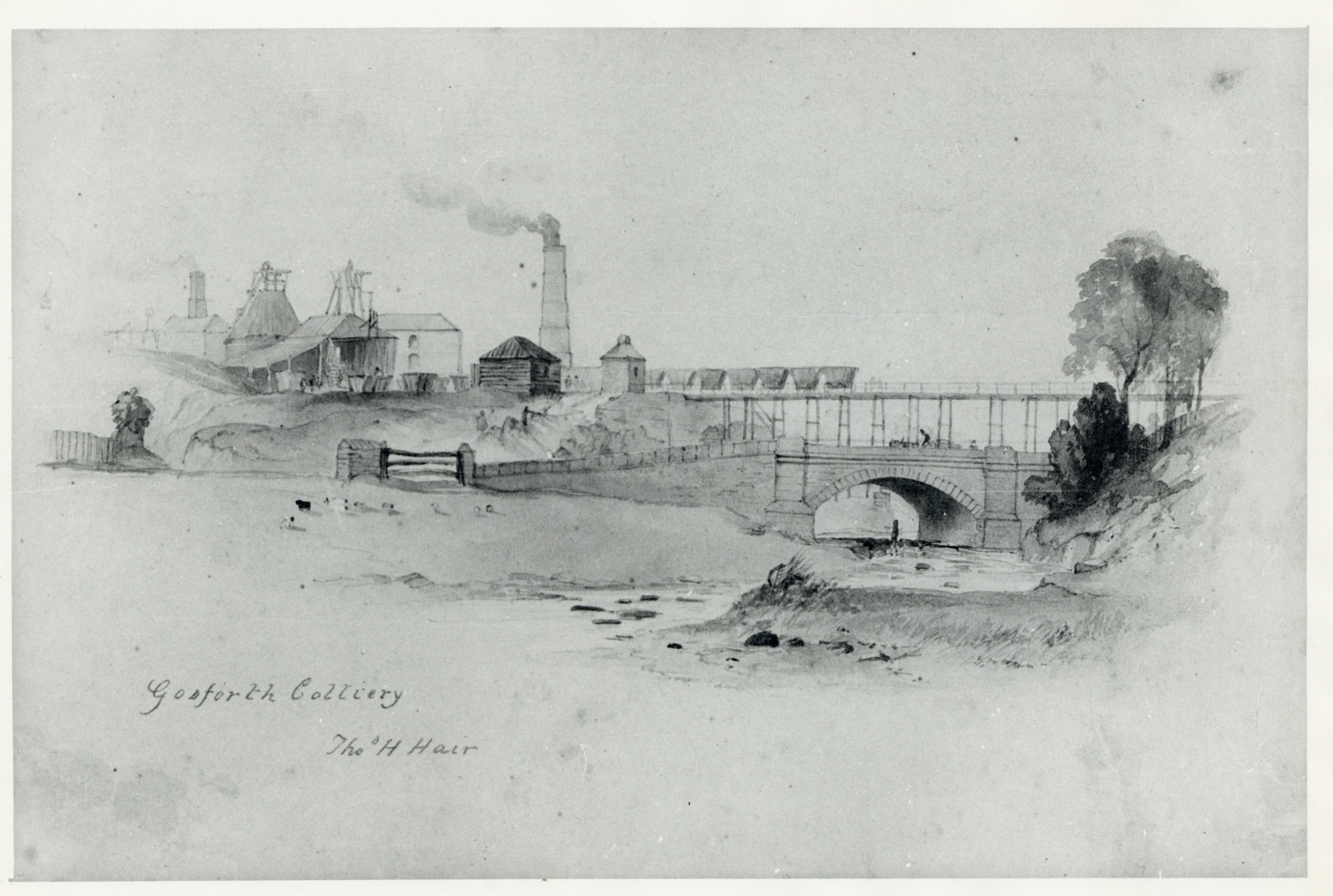 Etched print of a landscape watercolour of Gosforth Colliery