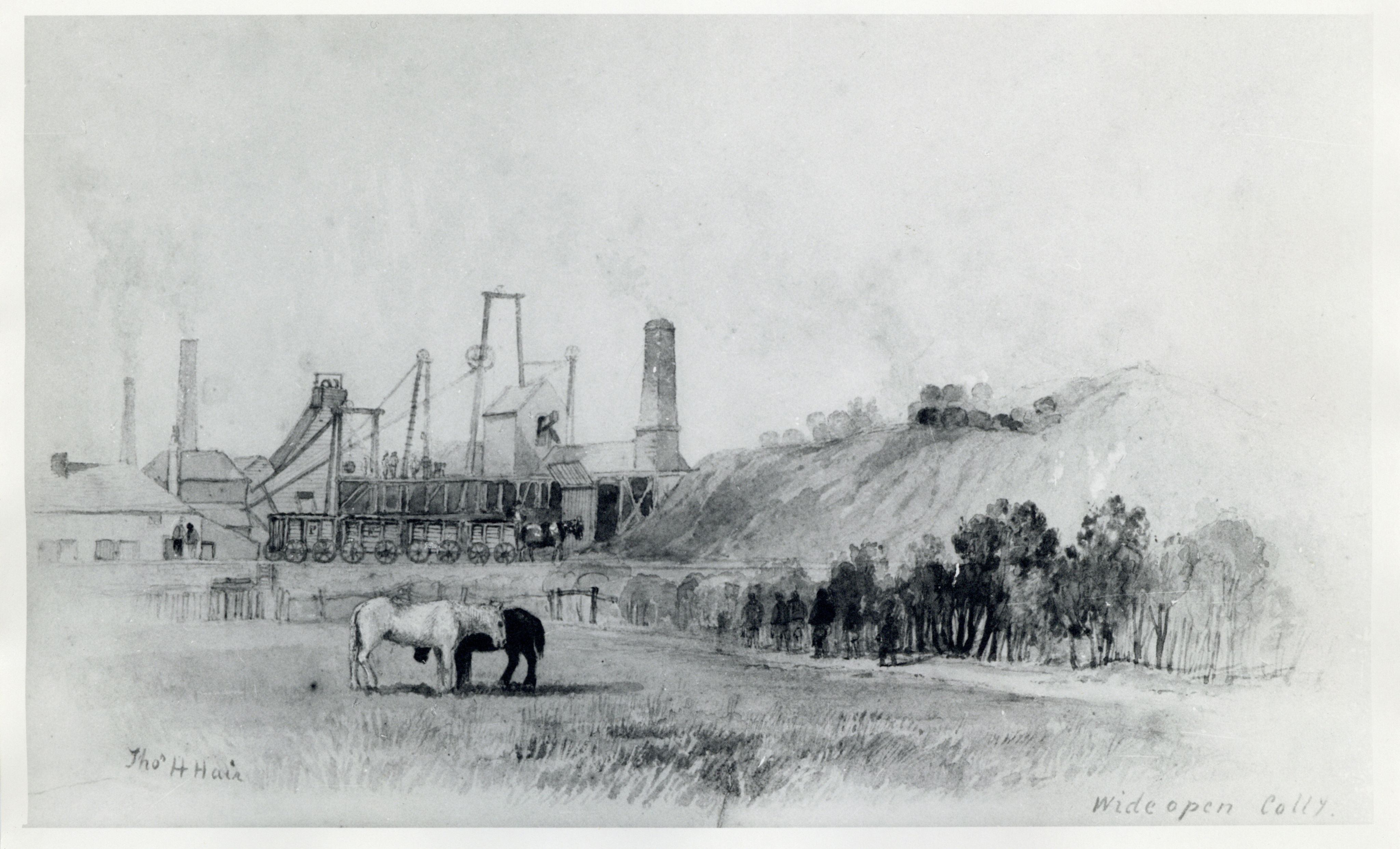 Etched print of a landscape view of Wideopen Colliery