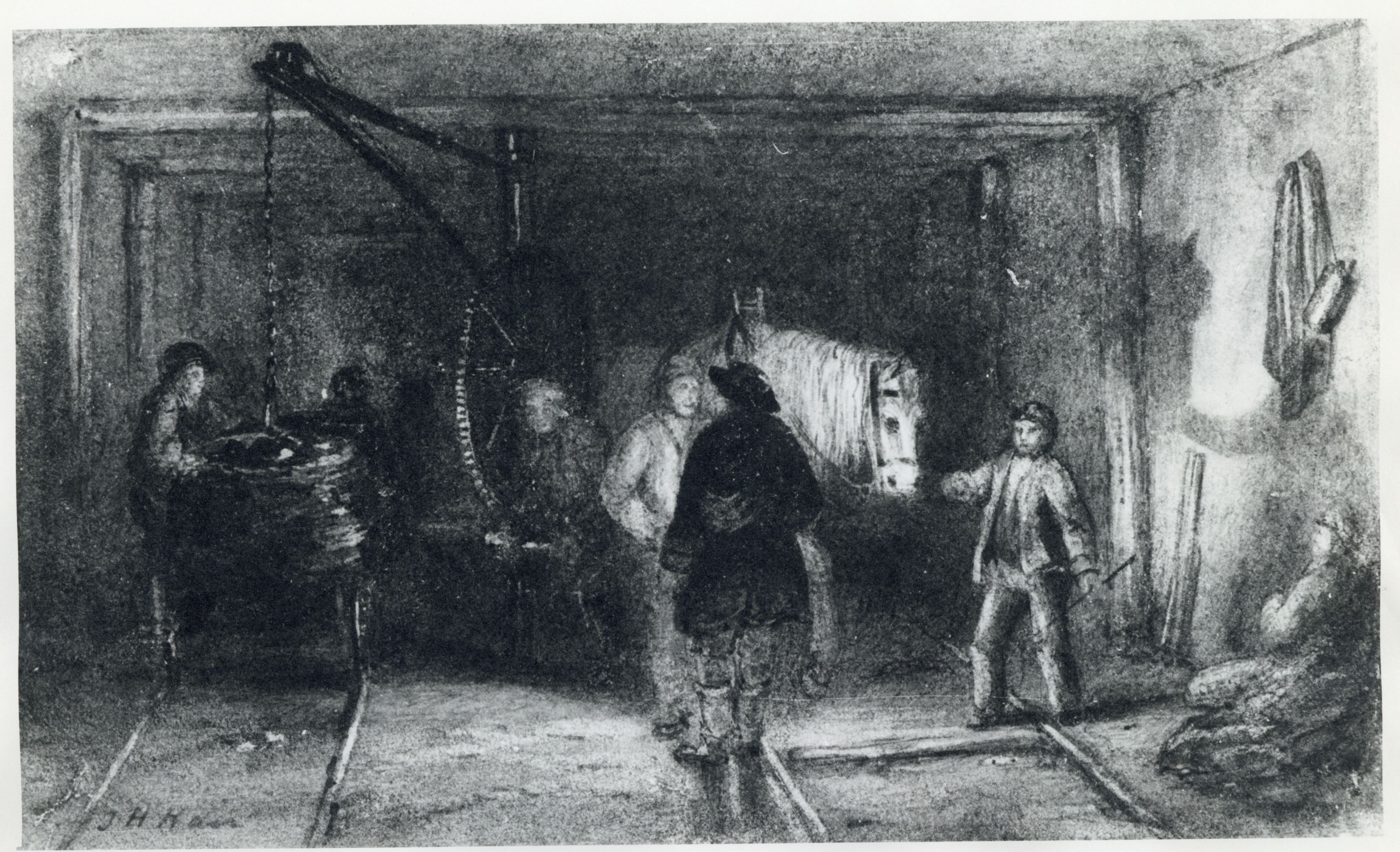 Etched print of a landscape view of a crane being used to load rollies within a mine
