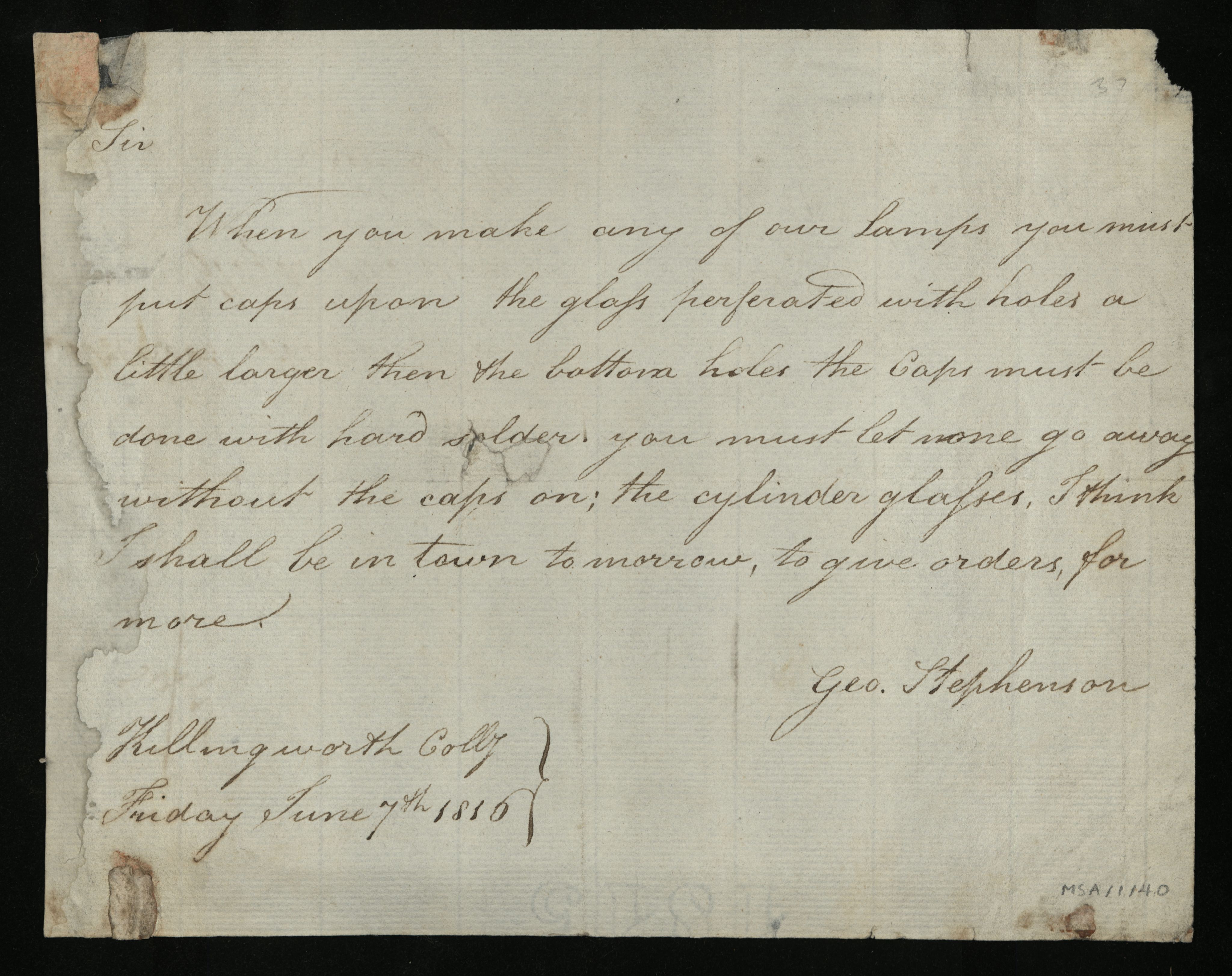 Letter from George Stephenson to Robert Watson Senior 