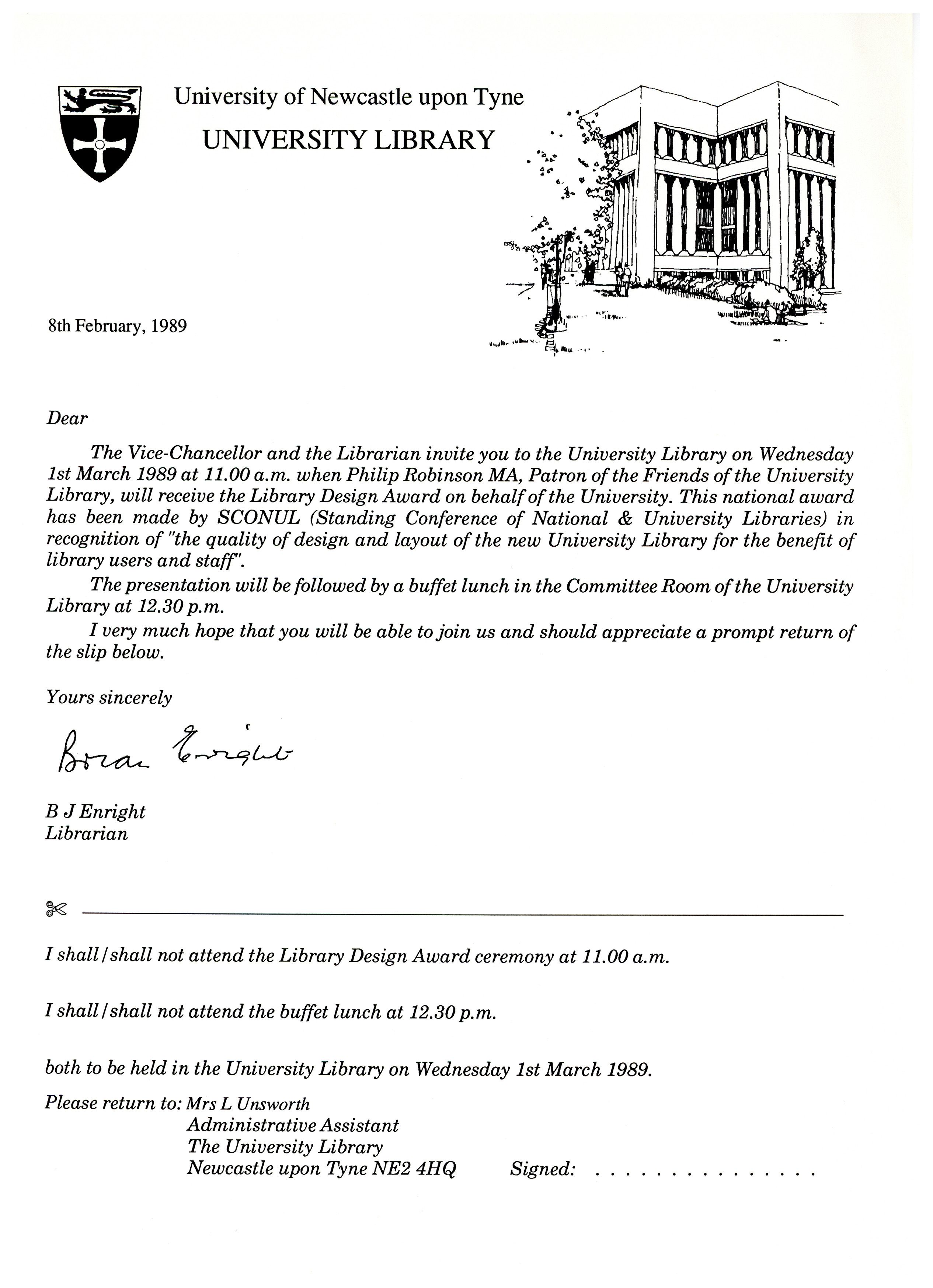 Formal invitation featuring a hand drawn sketch of the Robinson Library in the letterhead.