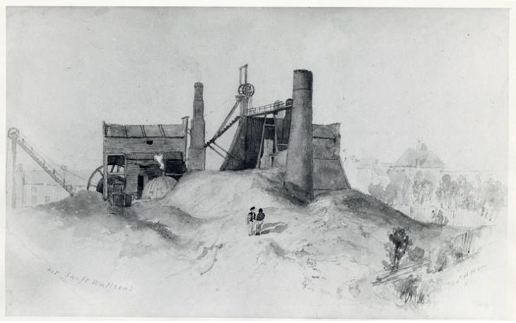 Etched print of a landscape view of an air shaft at Wallsend Colliery