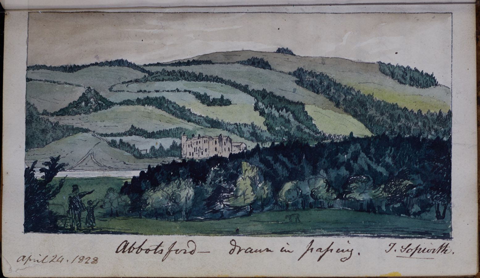Watercolour illustration of Abbotsford, Scotland, 1828