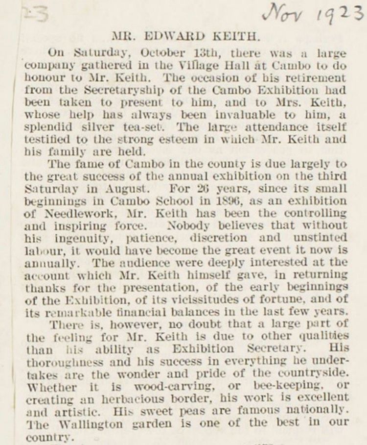 Newspaper clipping (November 1923) written about a gathering at the Village Hall in Cambo to honour the outgoing needlework Exhibition Secretary, Mr. Edward Keith, on his retirement.