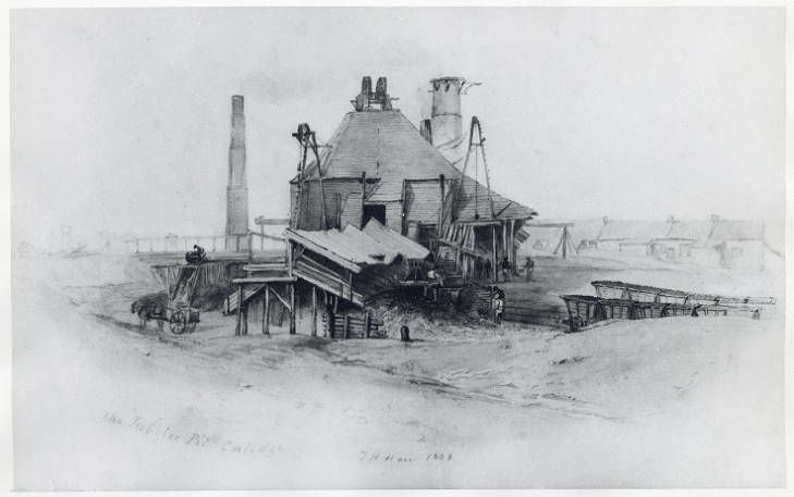 Etched print of a landscape view of the Jubilee Pit, Coxlodge