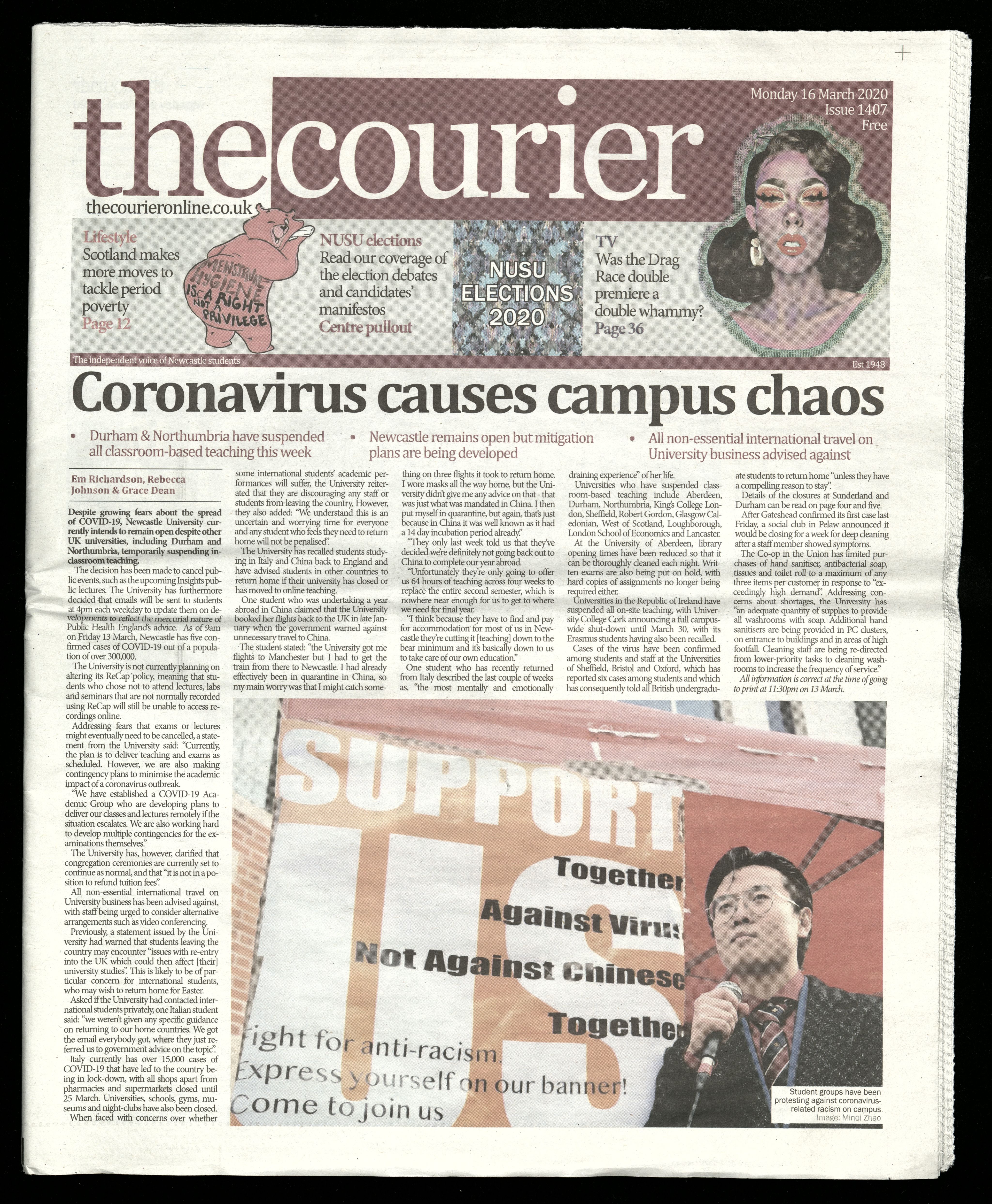 Front cover of The Courier, 16th March 2020. NUA/13/4/1.