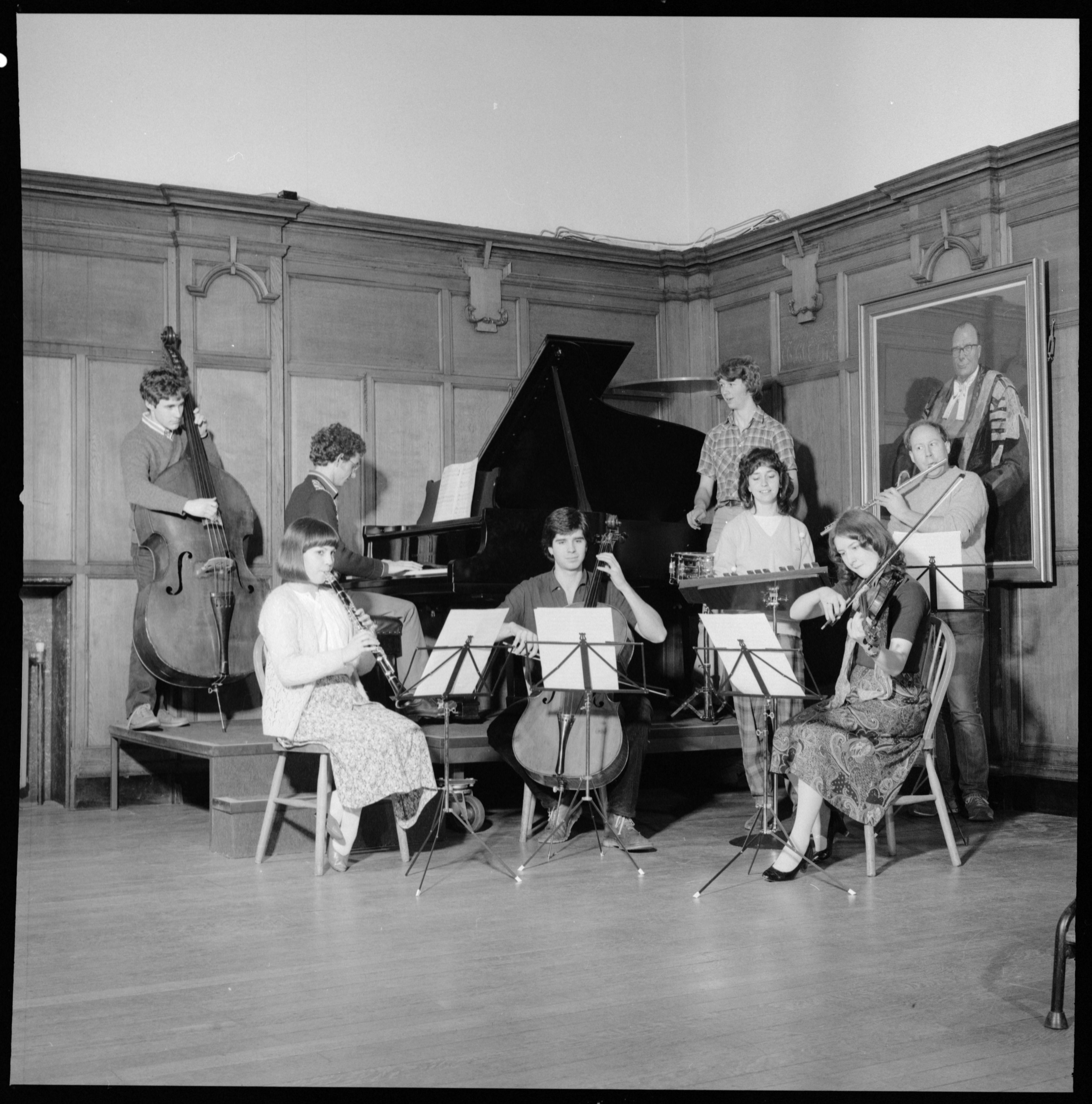Photograph of the student Orchestra practicing, 1983. NUA/D/158507/04.