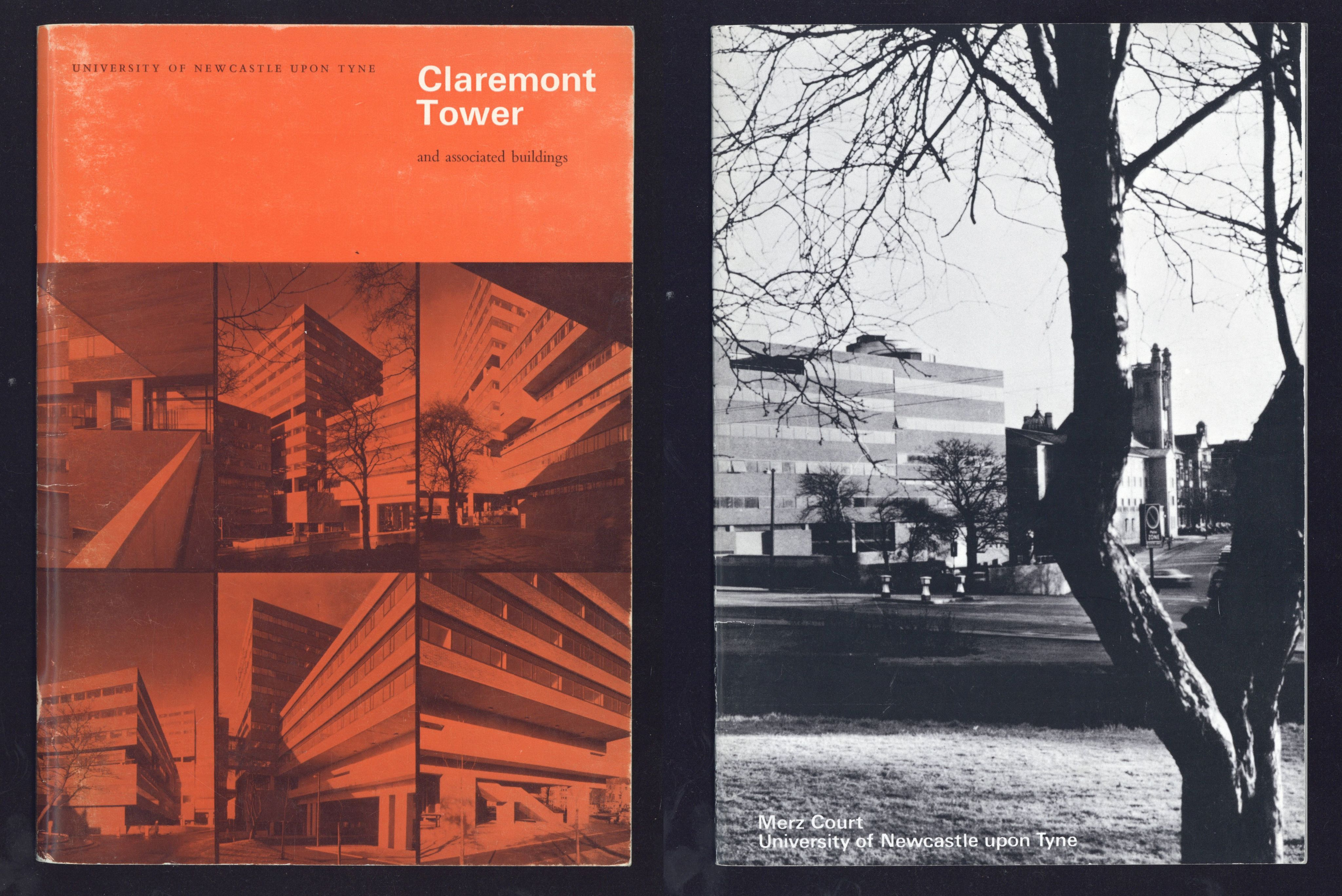 Front covers of Claremont Tower and Merz Court brochures produced for official building openings, 1960–1967. NUA/16/7/1