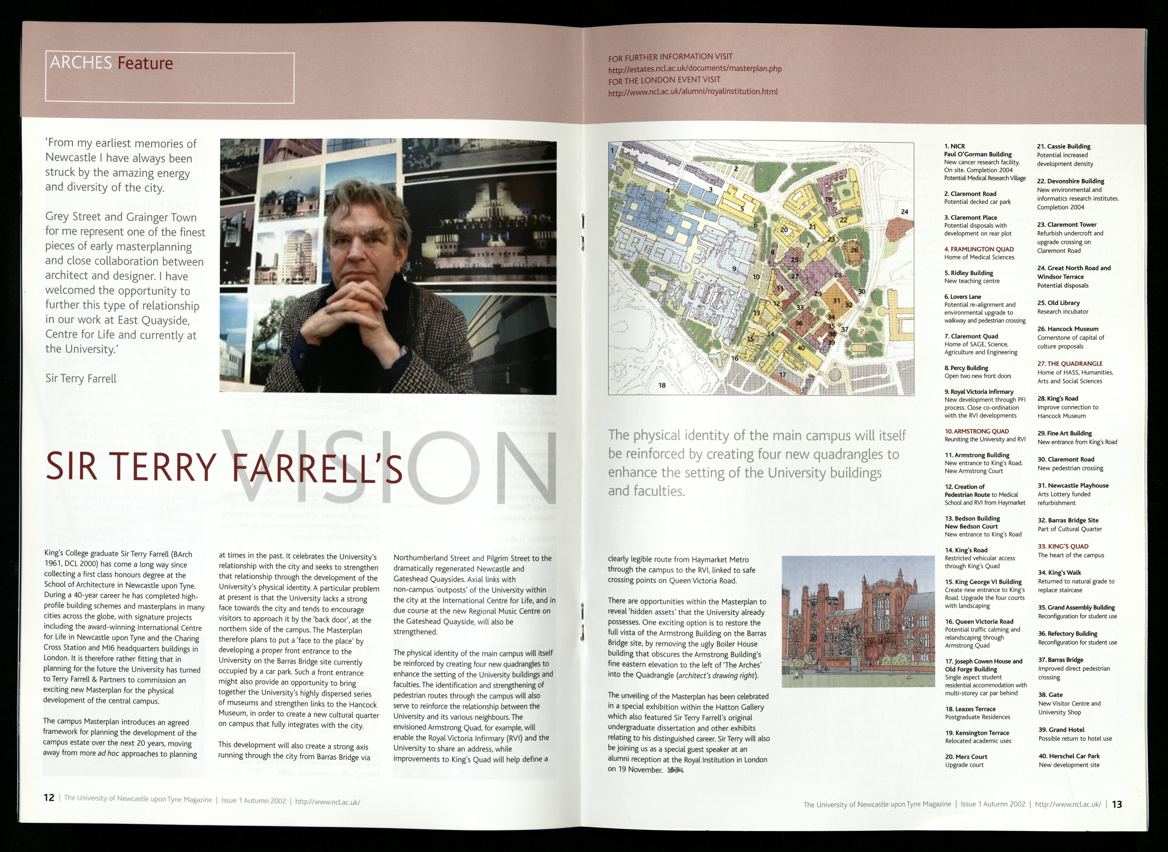 Pages from Arches, 2002, showing Sir Terry Farrell's campus masterplan. NUA/14/6/1.