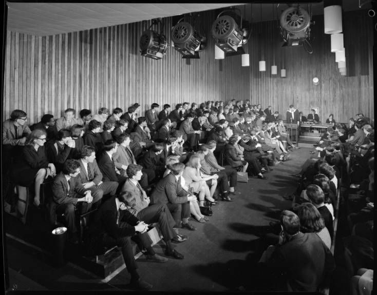 Photograph of students’ sat inside the Union Debating Chamber, 1964. NUA/K/037098/01