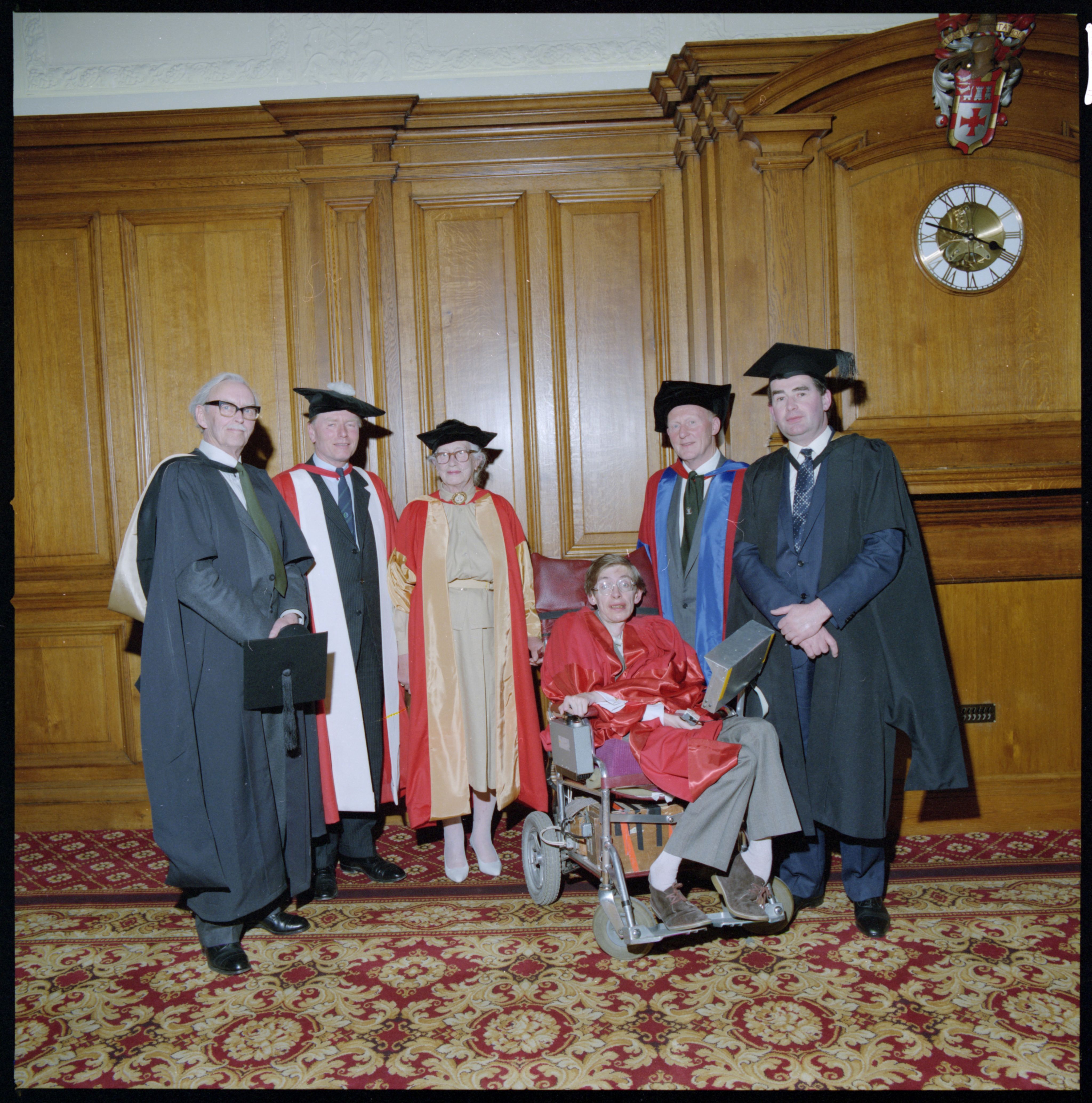 Photograph of Stephen Hawking receiving an honorary degree, 1987. NUA/D/190759/11.
